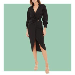 Veronica Beard Afton Wrap Effect Gold Ring Cotton Blend Poplin Midi Shirt Dress